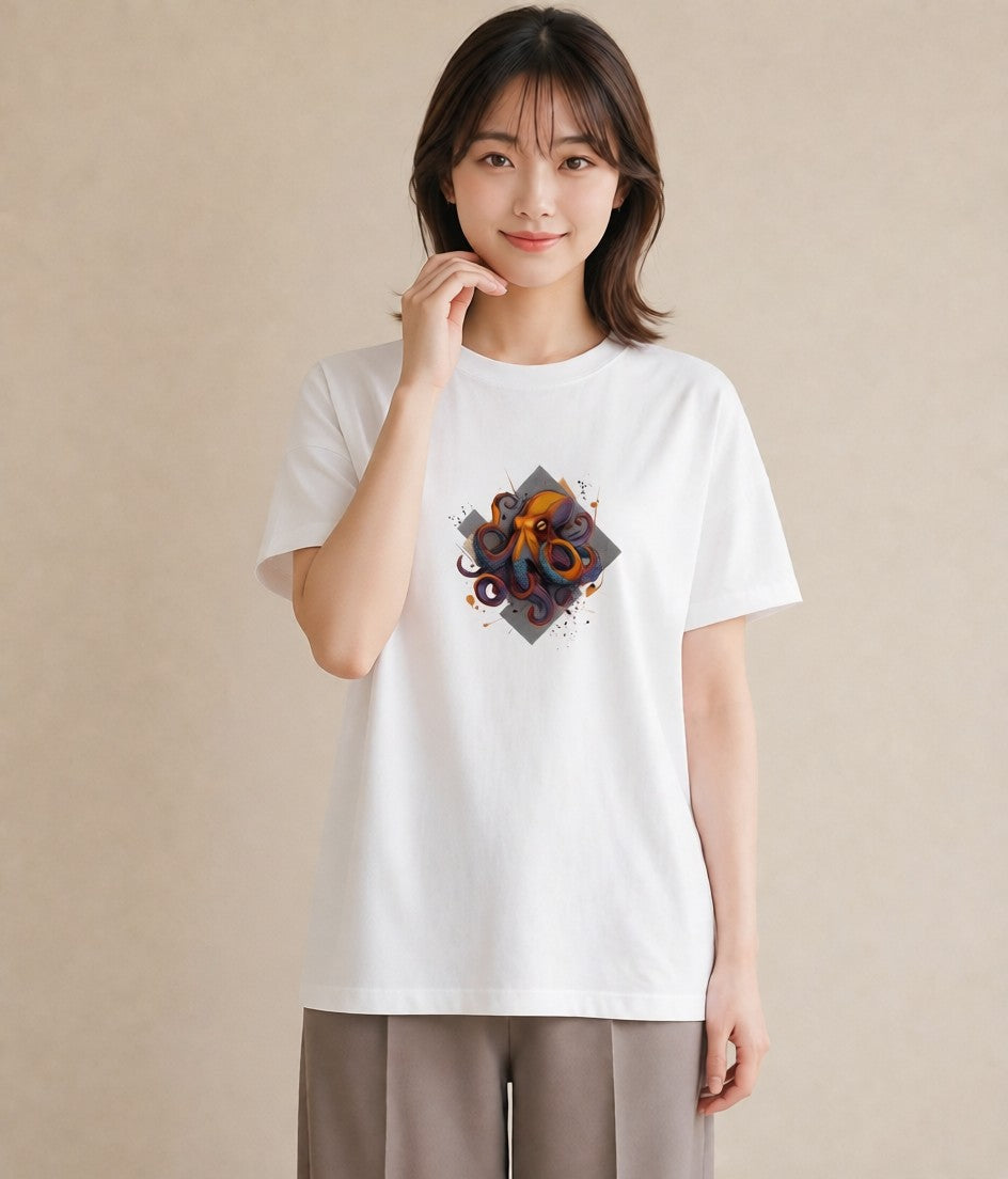 デザインTシャツ レディース イカ 海の生き物 海 イラスト シック カフェ巡り 女子会 白T