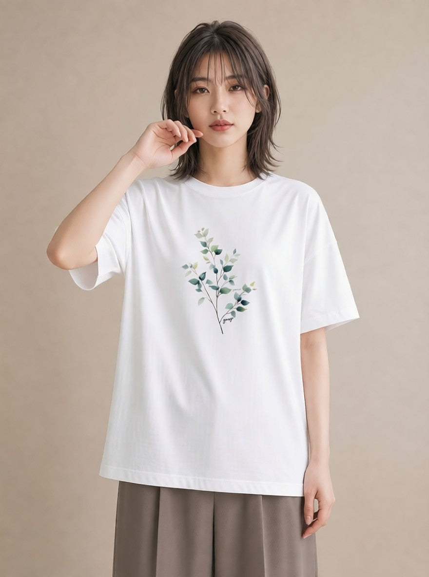 Tシャツ レディース 新緑 植物 ボタニカル イラスト ゆるコーデ カフェ巡り 女子会 白T