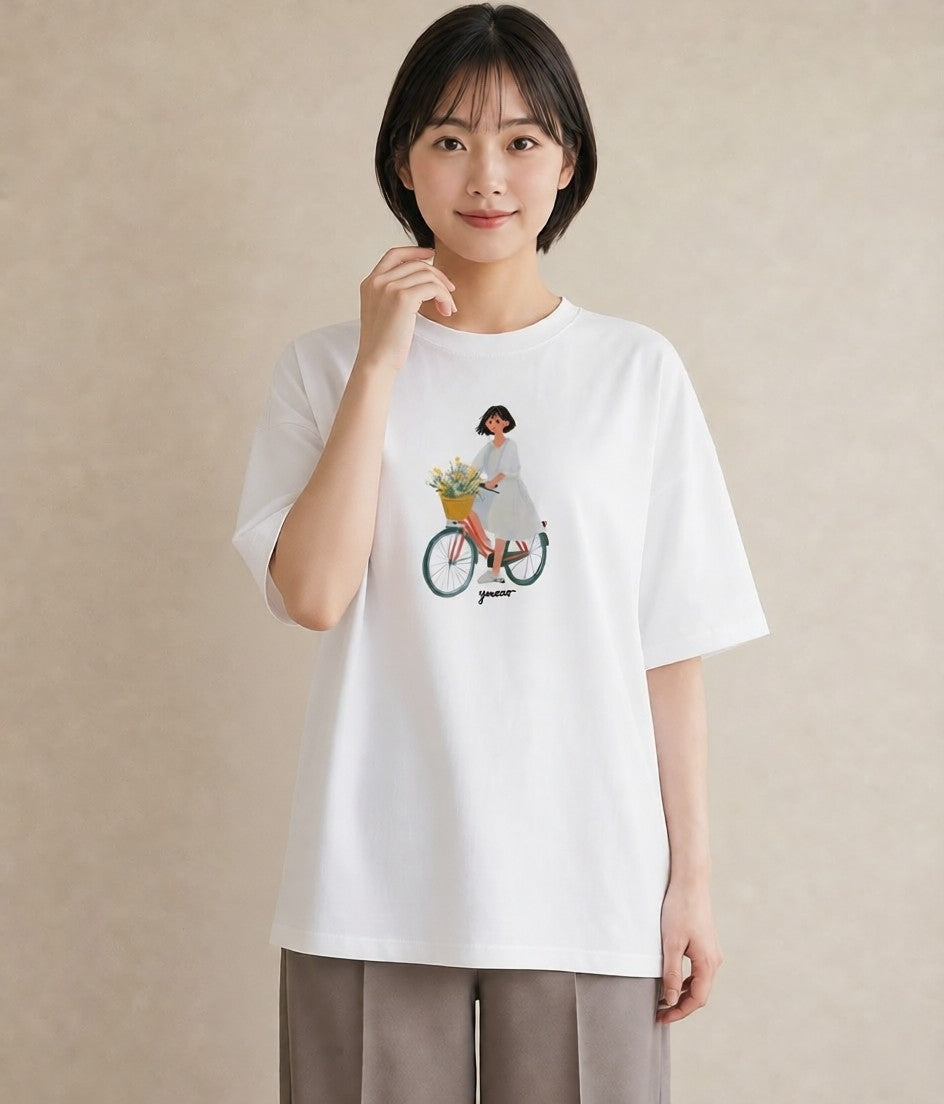 プリントTシャツ レディース 自転車のかご 自転車 花かご ナチュラル アンティーク イラスト きれいめカジュアル 姉妹 送別ギフト 白T