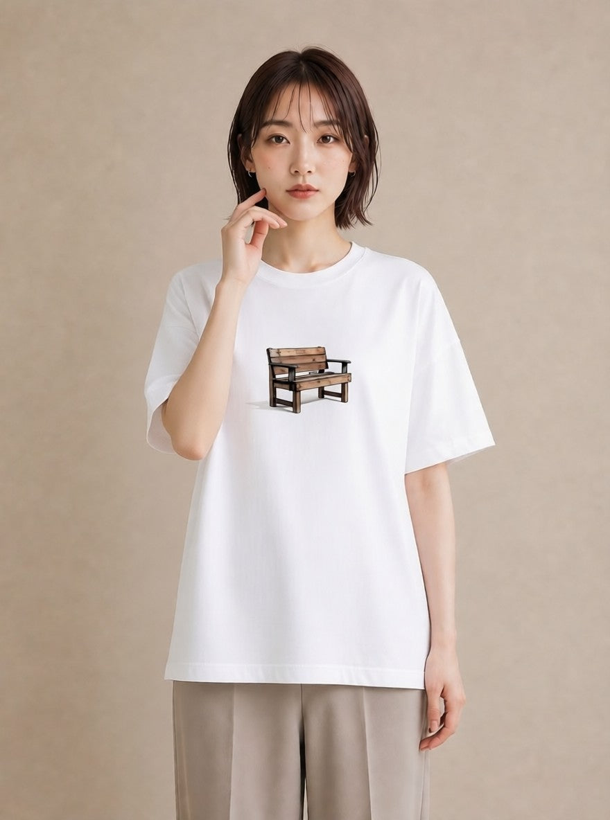Tシャツ レディース 雨上がりのベンチ ベンチ ナチュラル アンティーク イラスト ポップ 20代 カジュアルコーデ 白T