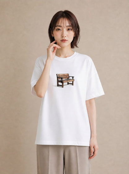 Tシャツ レディース 雨上がりのベンチ ベンチ ナチュラル アンティーク イラスト ポップ 20代 カジュアルコーデ 白T