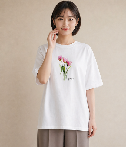 デザインTシャツ レディース チューリップ 花 花柄 イラスト 春コーデ 姉妹 白T