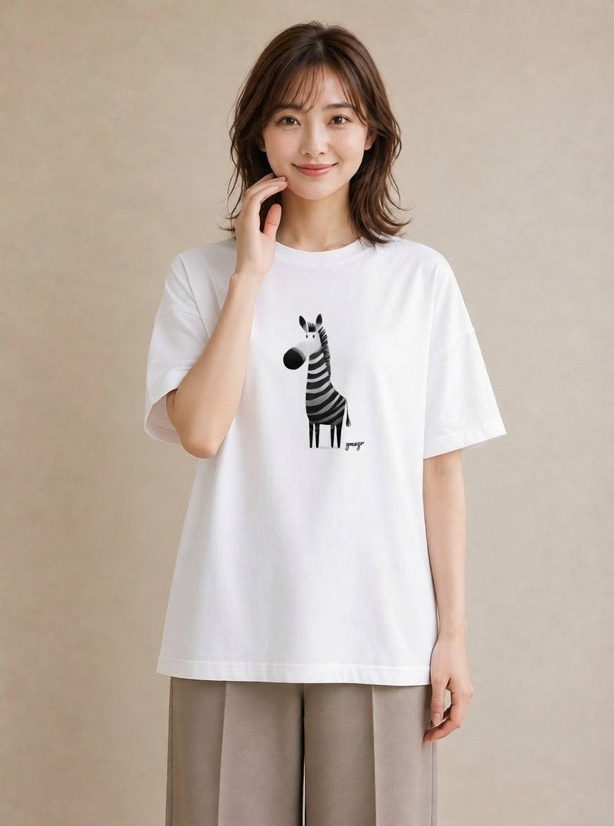 半袖Tシャツ レディース しまうま 動物 アニマル イラスト 個性的 春服 ミセス 白T