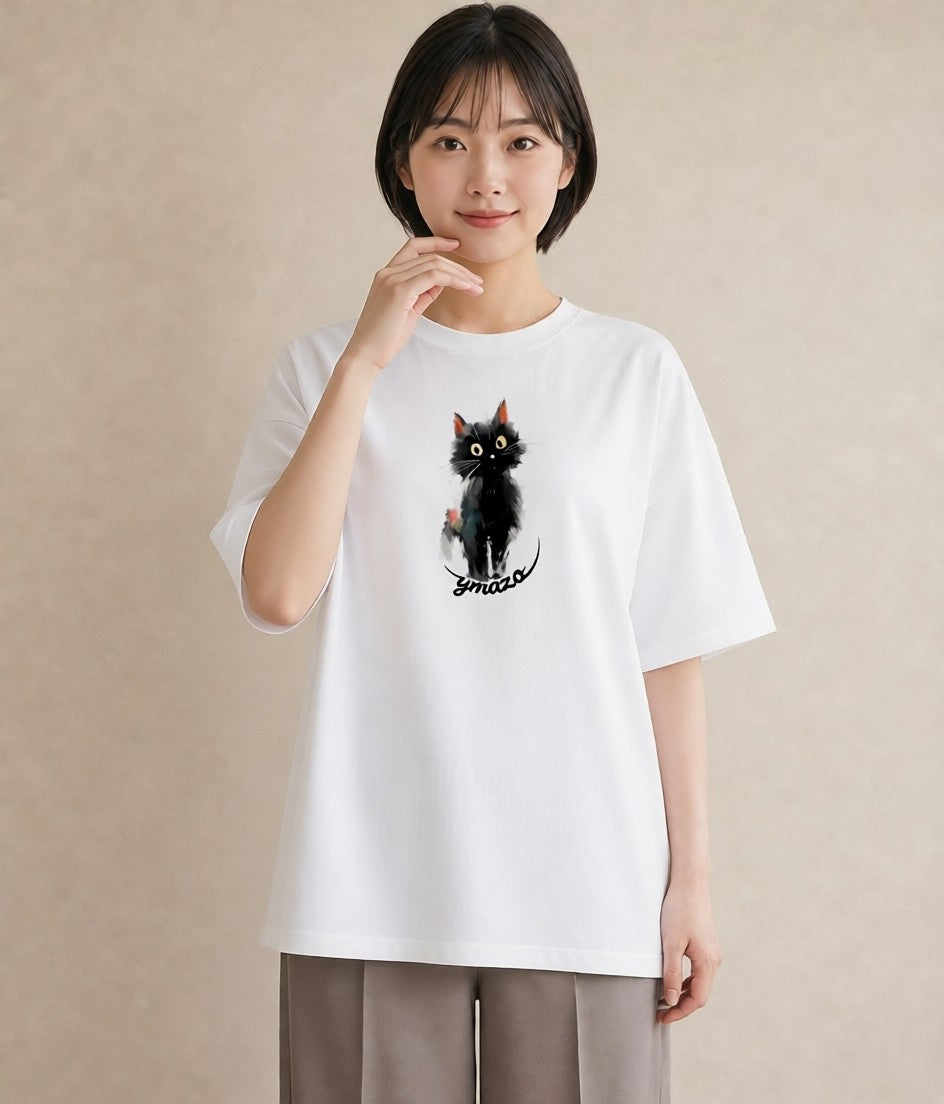 グラフィックTシャツ レディース おすわり猫 猫 ねこ イラスト 線画 ペアコーデ 秋コーデ 白T
