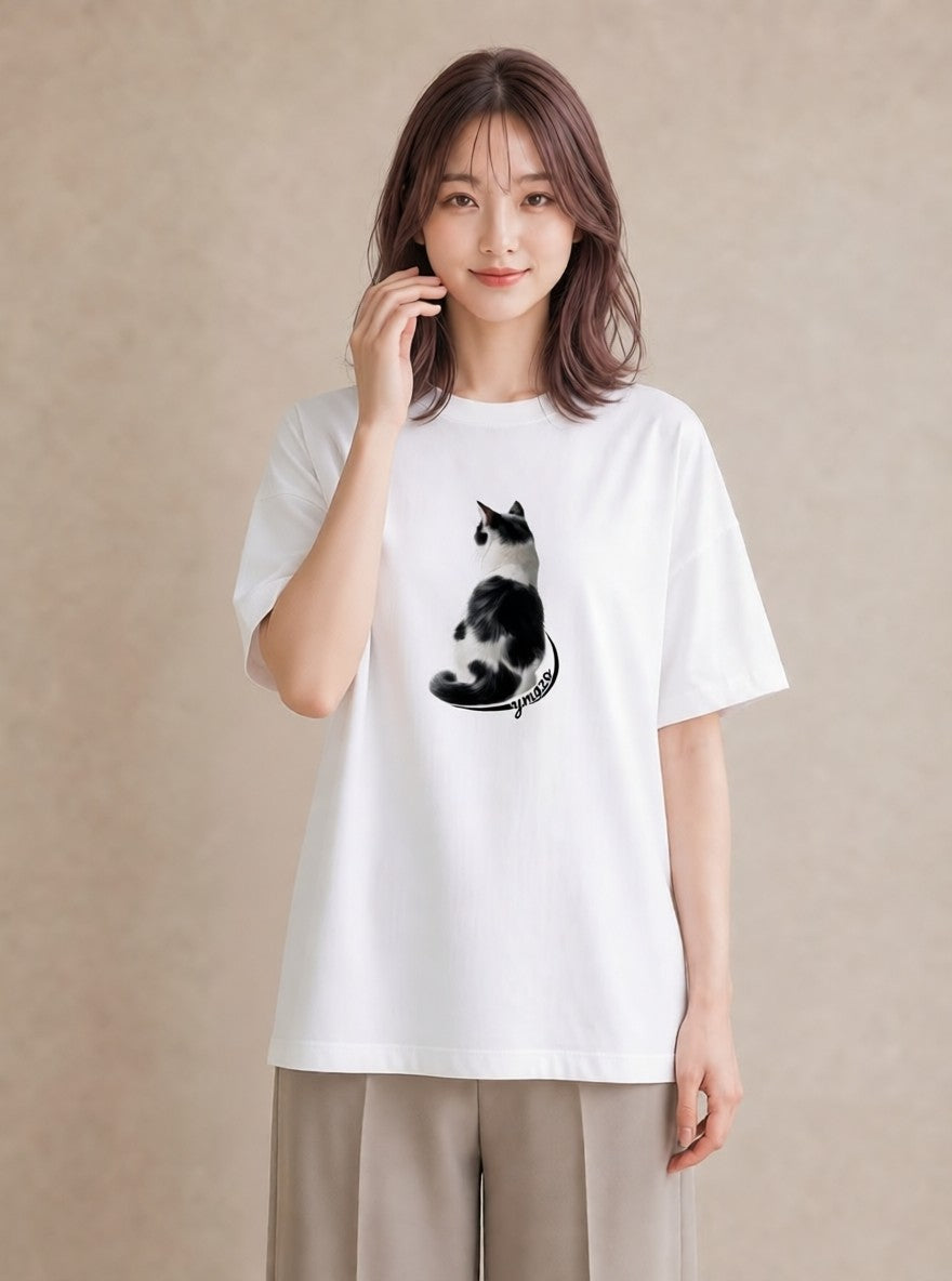 Tシャツ レディース サビ猫 猫 ねこ イラスト アート風 買い物 夏コーデ 白T