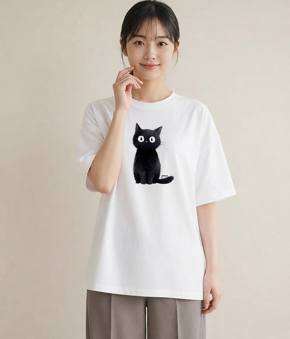 Tシャツ レディース 黒猫 猫 ねこ イラスト 旅行コーデ 海 カフェ巡り 白T