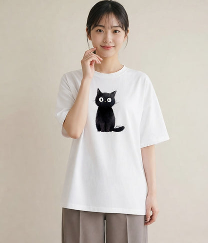 Tシャツ レディース 黒猫 猫 ねこ イラスト 旅行コーデ 海 カフェ巡り 白T