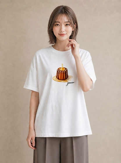 半袖Tシャツ レディース プリン 食べ物 フード イラスト シック 帰省 ラフ 白T