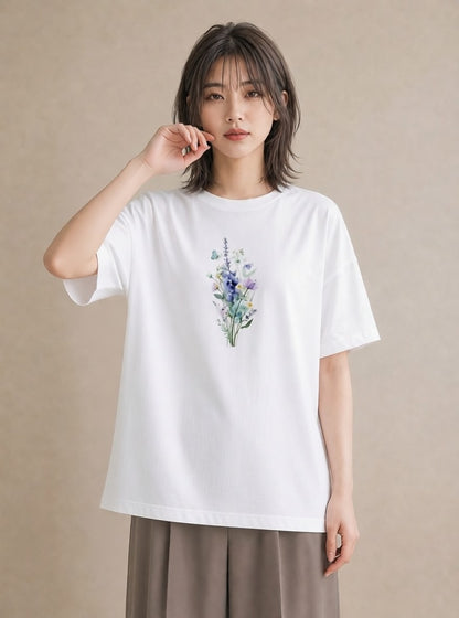 プリントTシャツ レディース ポスト 野の花 レトロ ナチュラル アンティーク イラスト ユニーク 女性向けギフト 散歩 白T