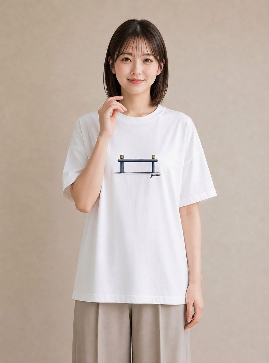 Tシャツ レディース 小川 橋 せせらぎ ナチュラル アンティーク イラスト ポップ ラフ レイヤード 白T