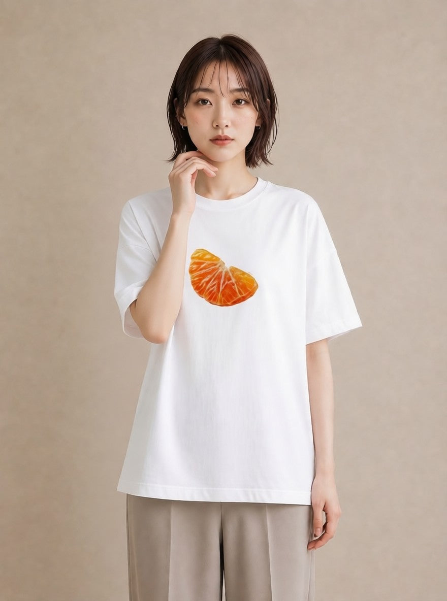 Tシャツ レディース みかん 食べ物 フード イラスト ゆるコーデ ママ カフェ服 白T