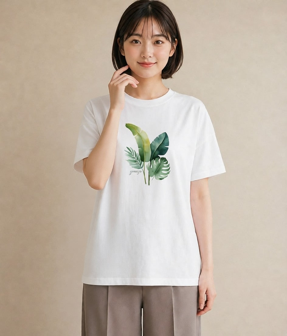 Tシャツ レディース モンステラ 植物 ボタニカル イラスト ラフカジュアル 春服 ミセス 白T