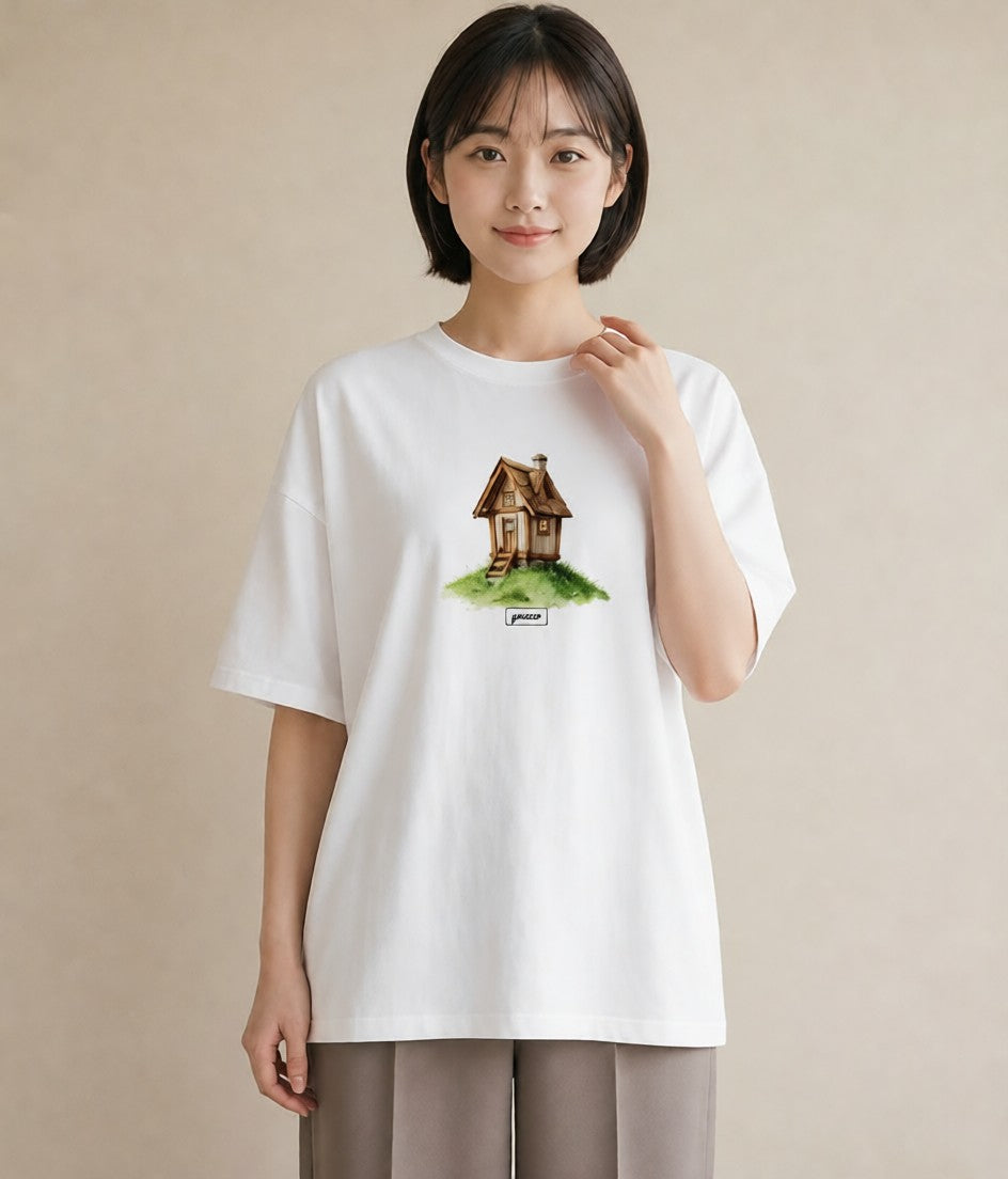半袖Tシャツ レディース 灯りの家 小屋 夜 ナチュラル アンティーク イラスト ニュアンス 母の日 ビーチ 白T
