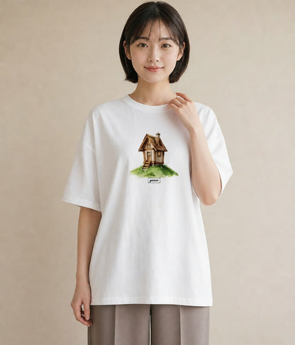 半袖Tシャツ レディース 灯りの家 小屋 夜 ナチュラル アンティーク イラスト ニュアンス 母の日 ビーチ 白T