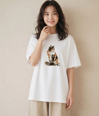Tシャツ レディース おすわり猫 猫 ねこ イラスト カジュアル 公園 ママ 白T