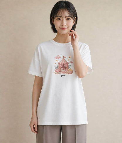 半袖Tシャツ レディース ポップコーン 食べ物 フード イラスト 旅行コーデ 社会人 女性 白T