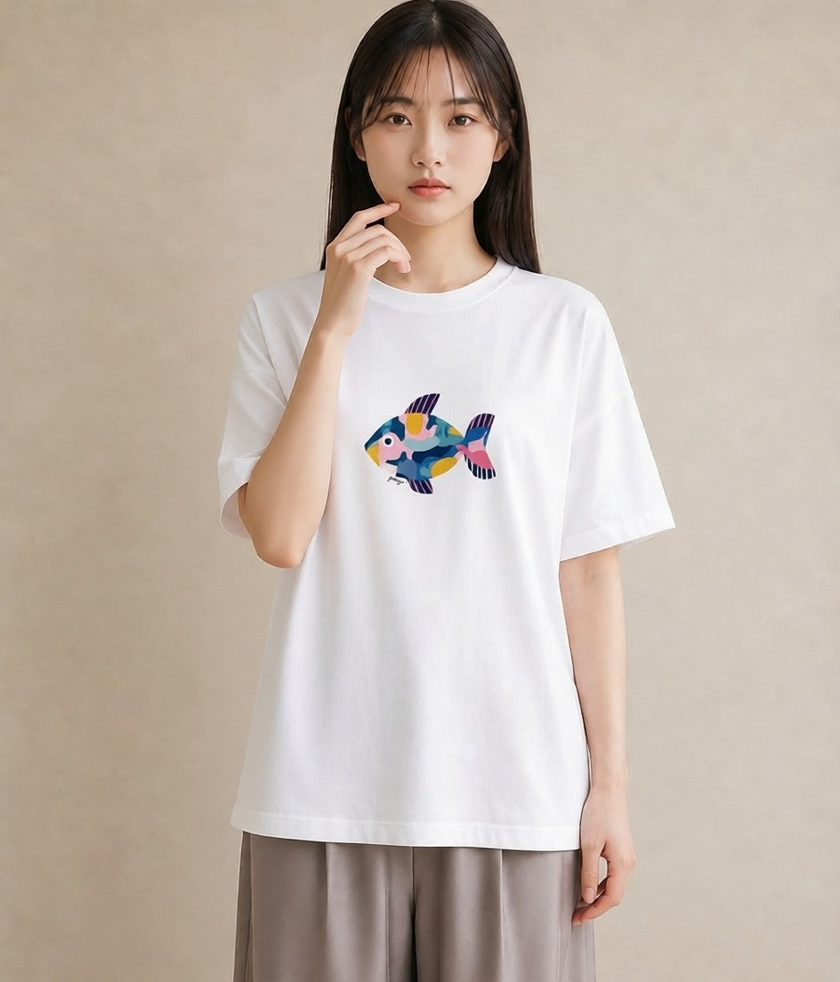 半袖Tシャツ レディース 熱帯魚 海の生き物 海 イラスト レトロ 女性 旅行用 白T