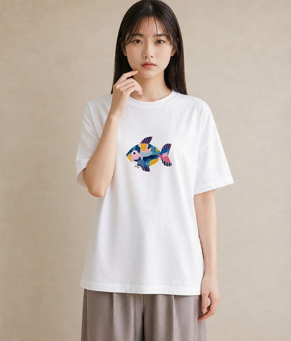 半袖Tシャツ レディース 熱帯魚 海の生き物 海 イラスト レトロ 女性 旅行用 白T