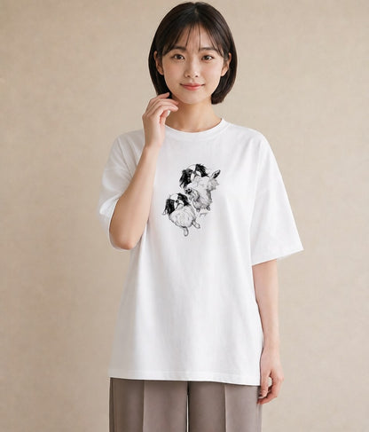 プリントTシャツ レディース 狆 犬 いぬ イラスト きれいめ 買い物 夏コーデ 白T