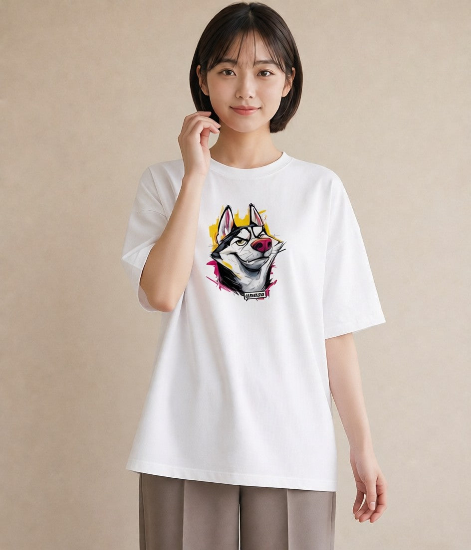 Tシャツ レディース シベリアンハスキー 犬 いぬ イラスト ポップ 母娘コーデ 自分用 白T