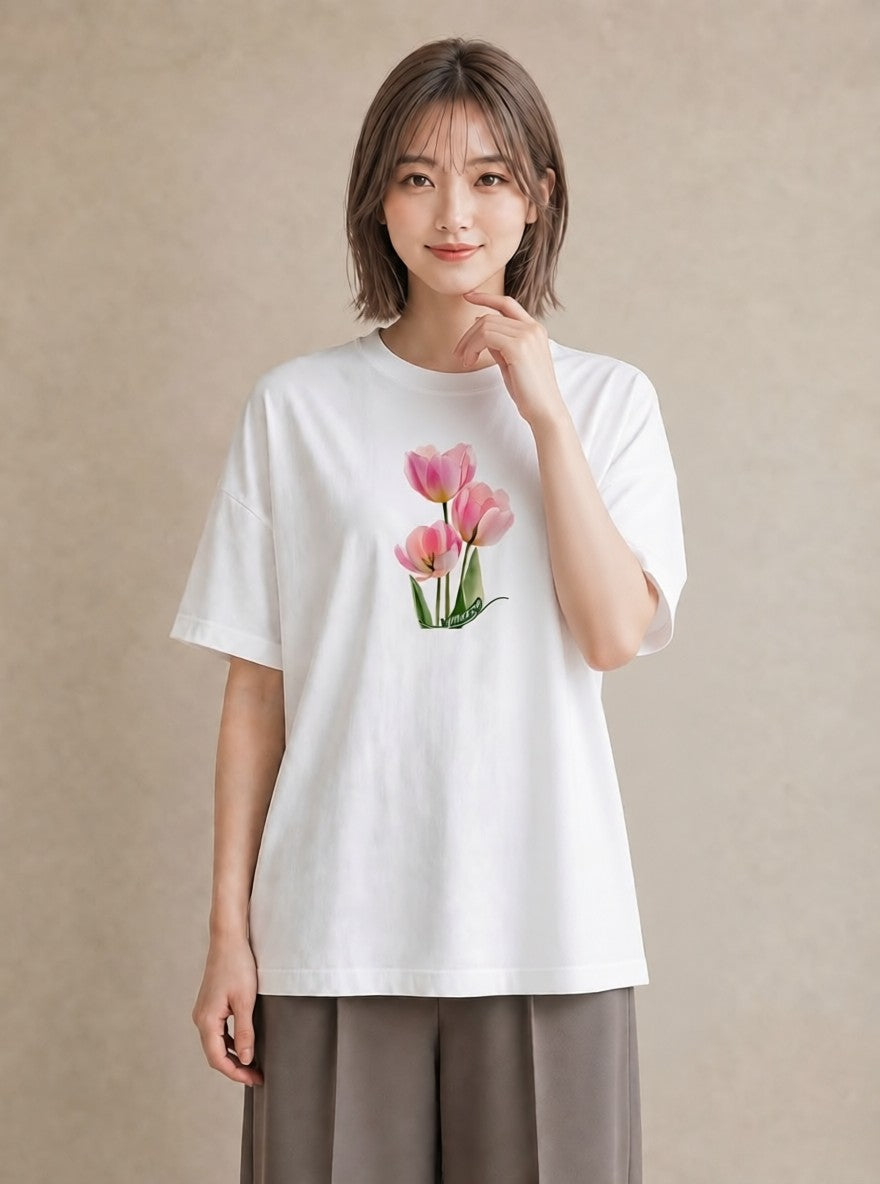 半袖Tシャツ レディース チューリップ 花 花柄 イラスト こなれ感 クリスマス 旅行 白T