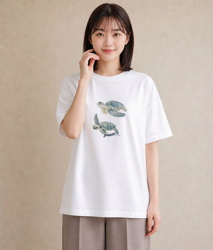 半袖Tシャツ レディース ゼニガメ ペット 動物 イラスト 親子 20代 白T