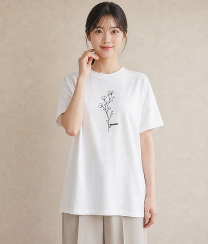 半袖Tシャツ レディース 小花 花 フラワー イラスト きれいめ ルームウェア ギフト 白T