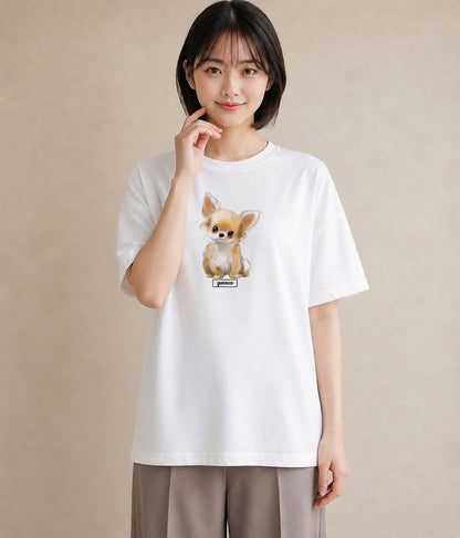 Tシャツ レディース ロングコートチワワ 犬 いぬ イラスト モード 誕生日プレゼント 綿100 白T