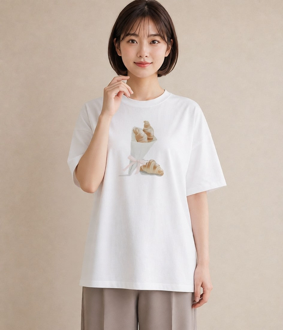 グラフィックTシャツ レディース クロワッサン 食べ物 フード イラスト 手描き風 女性向けギフト 散歩 白T
