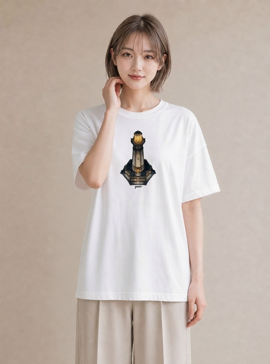 デザインTシャツ レディース 灯台 霧 海 ナチュラル アンティーク イラスト 抜け感 通学 誕生日プレゼント 白T