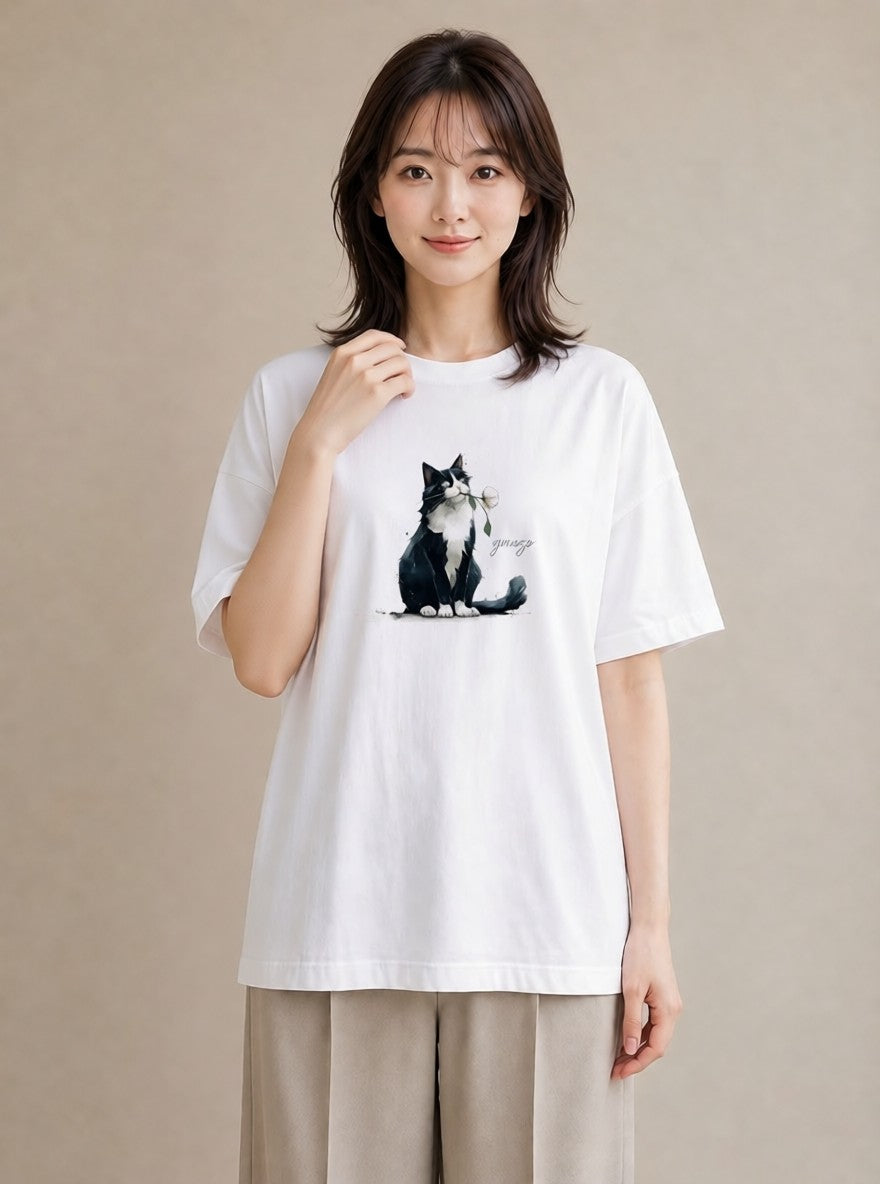 半袖Tシャツ レディース ハチワレ 白黒猫 猫 ねこ イラスト 手描き風 春服 ミセス 白T
