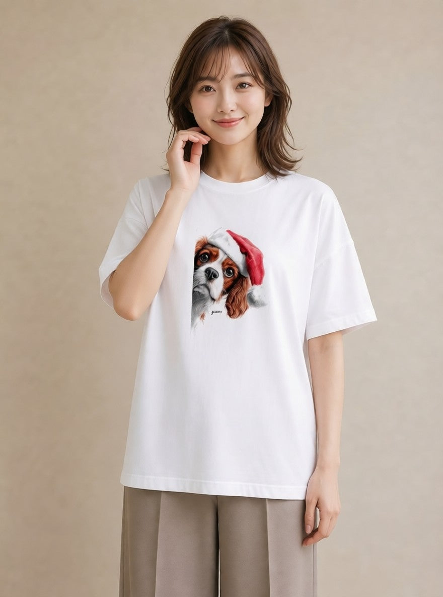 半袖Tシャツ レディース キャバリア 犬 いぬ イラスト 上品 ママ カフェ服 白T