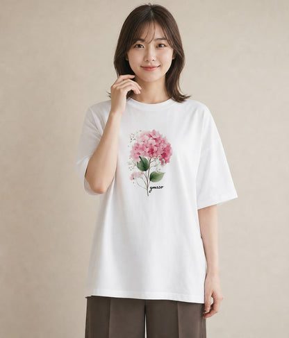 半袖Tシャツ レディース あじさい 紫陽花 アジサイ 花 花柄 イラスト シック 夏コーデ 通学 白T