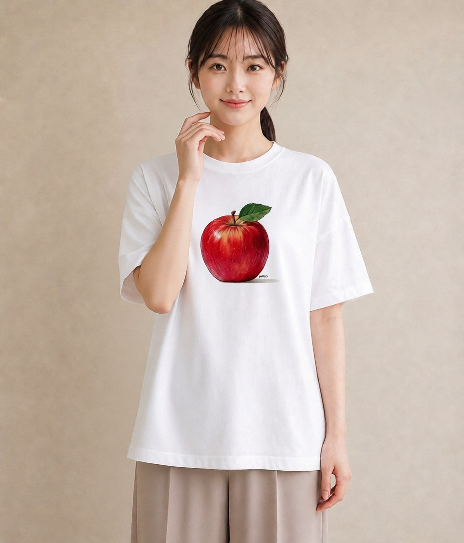 半袖Tシャツ レディース りんご 林檎 アップル 食べ物 フード イラスト レトロ カフェ服 クリスマス 白T