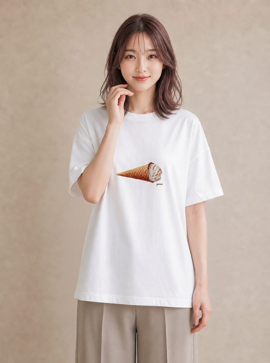 プリントTシャツ レディース アイス 食べ物 フード イラスト ゆるコーデ 春服 ミセス 白T