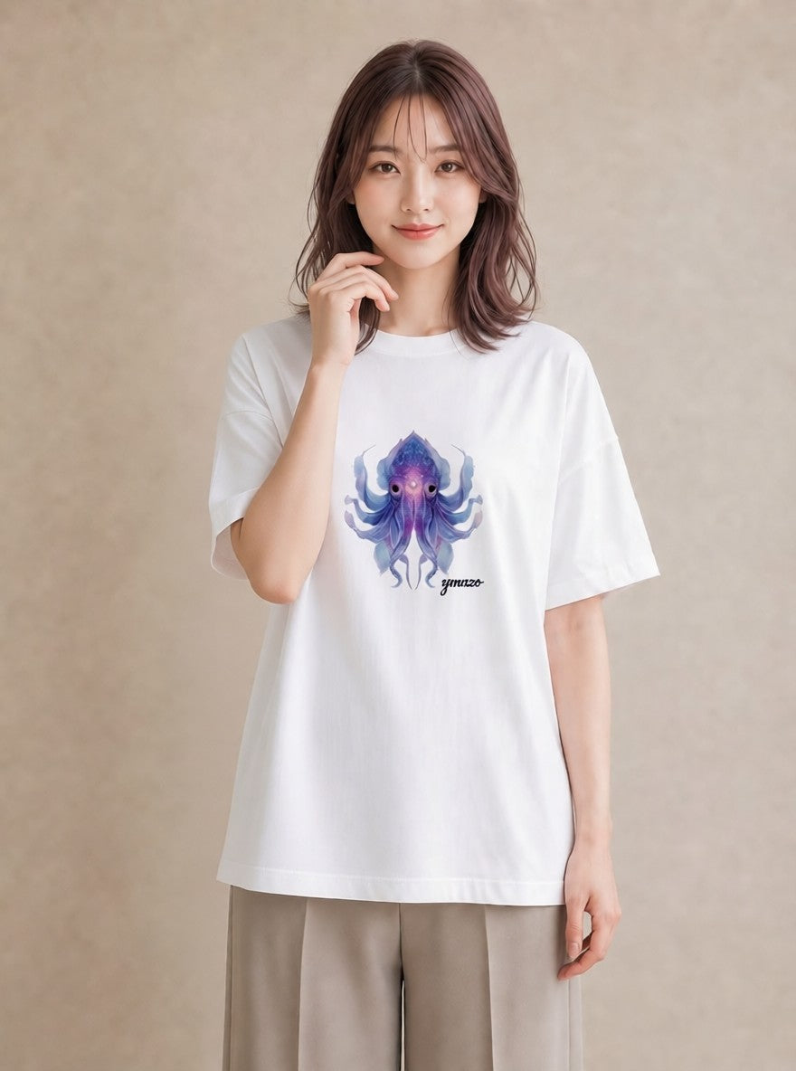 グラフィックTシャツ レディース タコ 海の生き物 海 イラスト ヴィンテージ風 ラフ レイヤード 白T