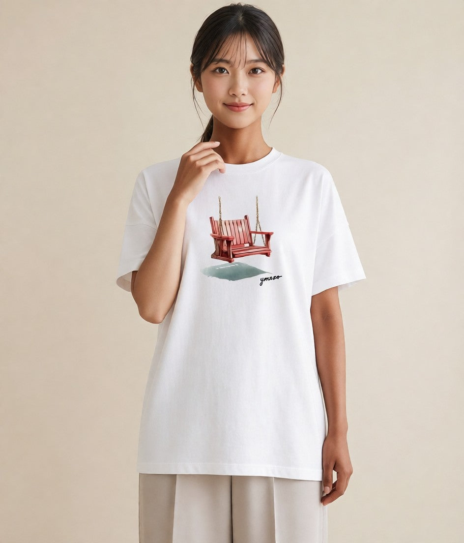 半袖Tシャツ レディース 雨上がりのベンチ ベンチ ナチュラル アンティーク イラスト アート風 休日 ペアコーデ 白T
