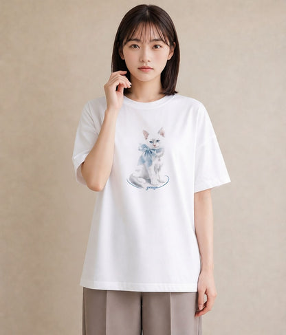 半袖Tシャツ レディース 猫 ねこ イラスト ラフ 自分用 ルームウェア 白T