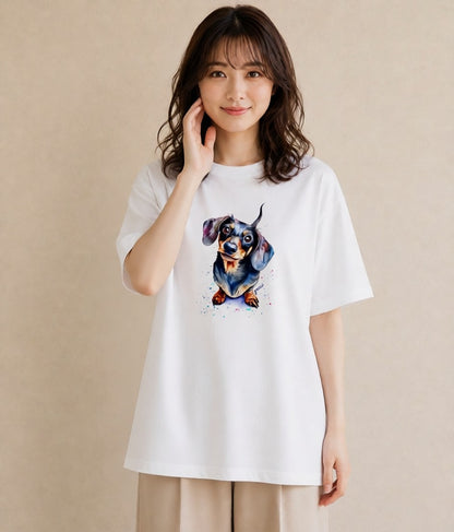 デザインTシャツ レディース ミニチュアダックスフンド 犬 いぬ イラスト ガーリー お出かけ 普段着 白T