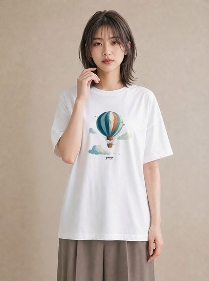 半袖Tシャツ レディース 紙風船 和紙 ナチュラル アンティーク イラスト ヴィンテージ風 ペアコーデ 秋コーデ 白T