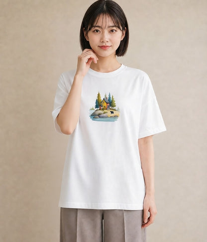 プリントTシャツ レディース 湖畔の小屋 湖 小屋 ナチュラル アンティーク イラスト 抜け感 デート 帰省 白T