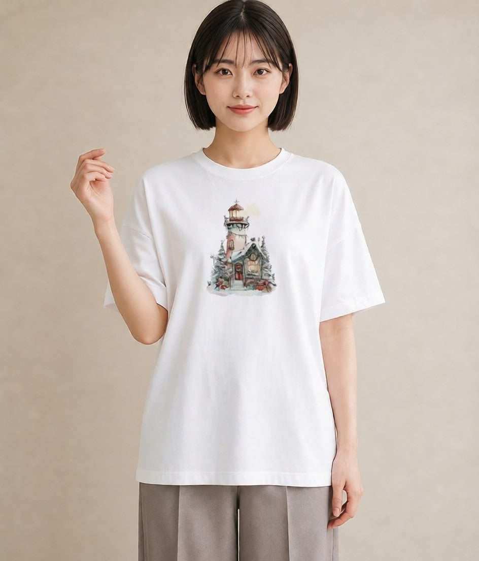 プリントTシャツ レディース 灯台 霧 海 ナチュラル アンティーク イラスト カジュアル 姉妹 送別ギフト 白T