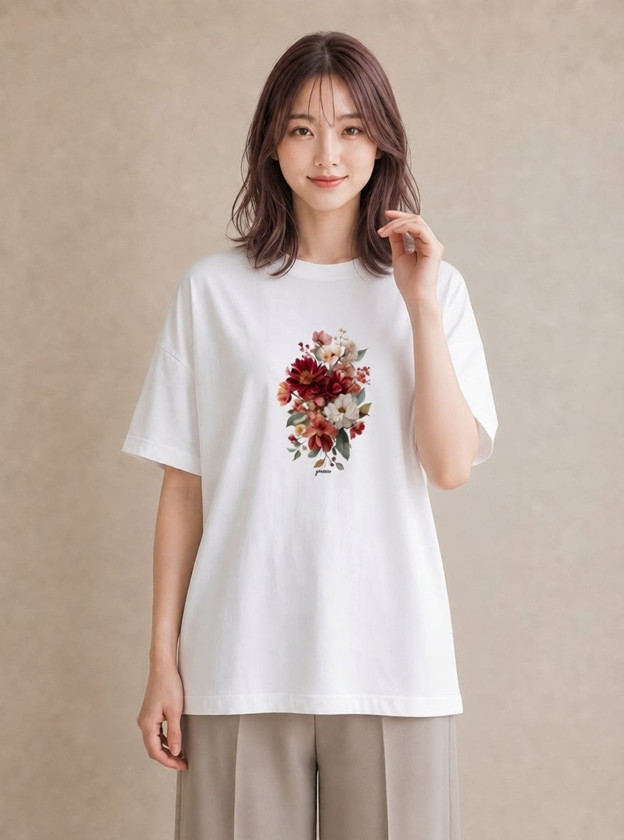 グラフィックTシャツ レディース ポスト 野の花 レトロ ナチュラル アンティーク イラスト 水彩風 ペアコーデ 秋コーデ 白T