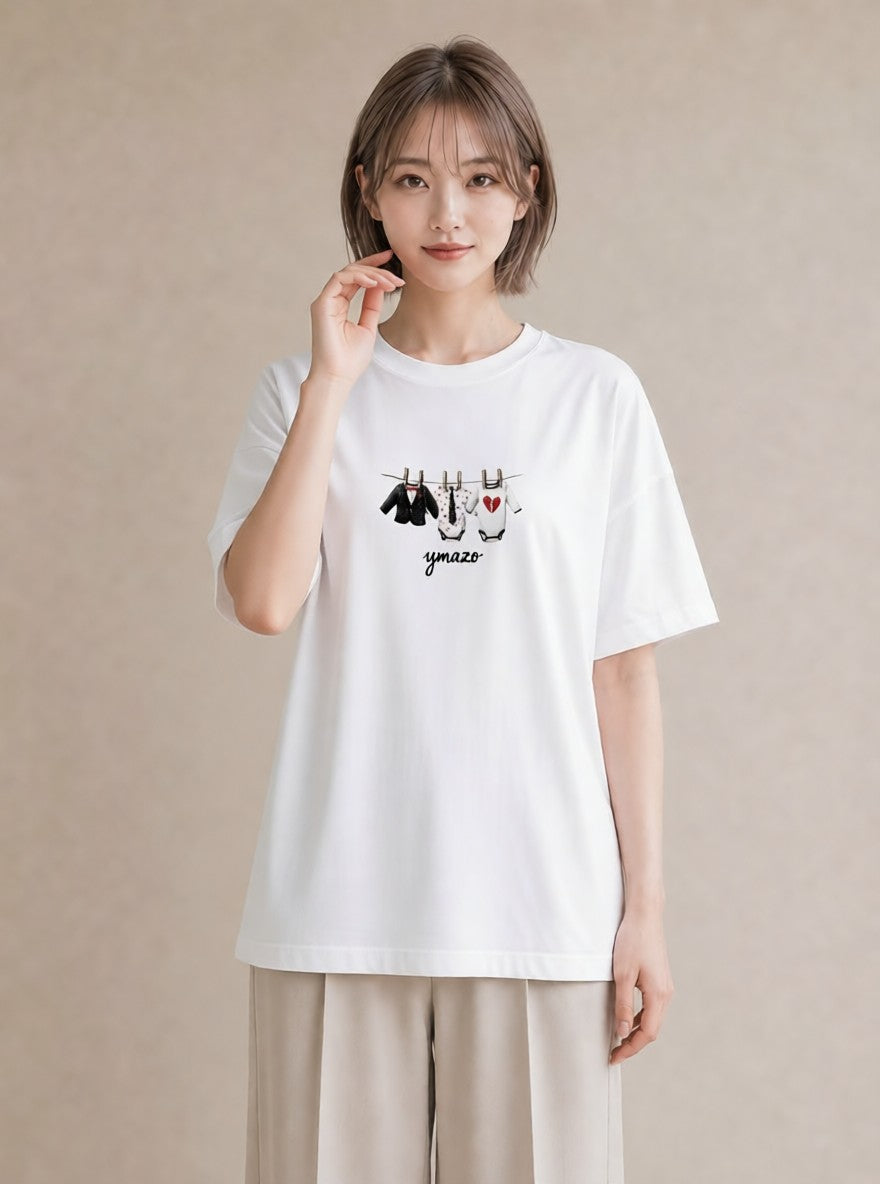 プリントTシャツ レディース 洗濯物 風 ナチュラル アンティーク イラスト 旅行コーデ デート 帰省 白T