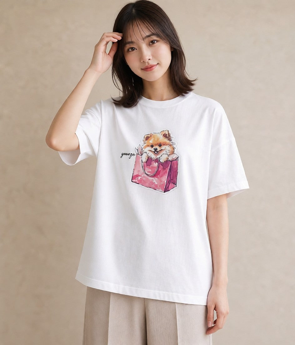 プリントTシャツ レディース ポメラニアン ポメ 犬 いぬ イラスト ラフ 通勤 在宅 白T