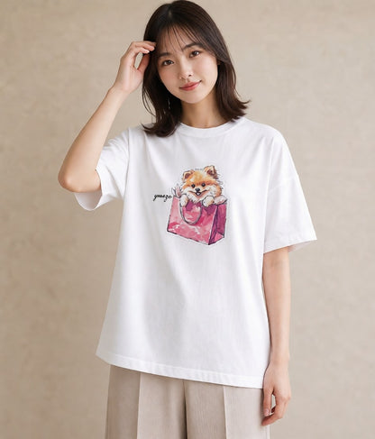 プリントTシャツ レディース ポメラニアン ポメ 犬 いぬ イラスト ラフ 通勤 在宅 白T