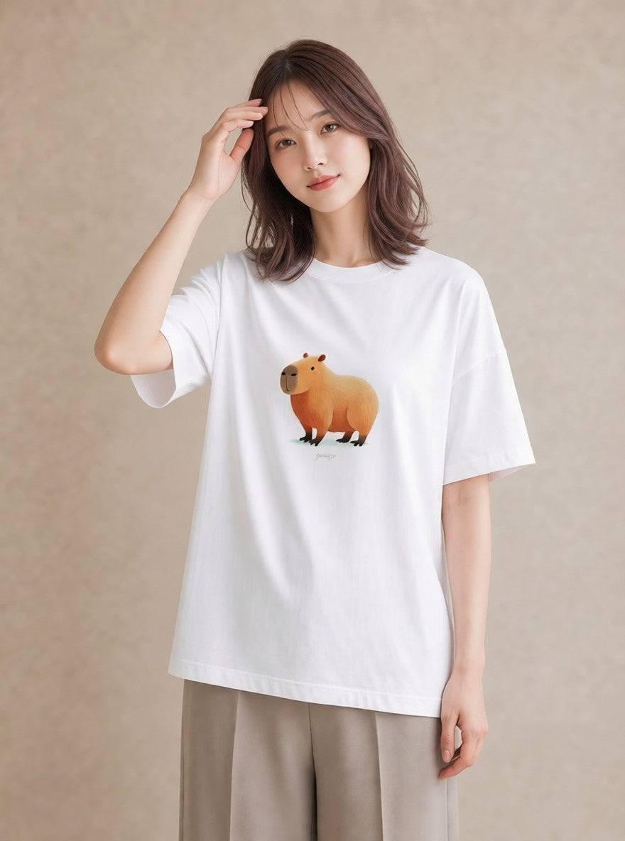 Tシャツ レディース カピバラ かぴばら 動物 アニマル イラスト 個性的 友達ギフト 部屋着 白T