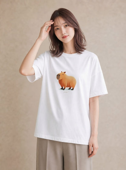 Tシャツ レディース カピバラ かぴばら 動物 アニマル イラスト 個性的 友達ギフト 部屋着 白T