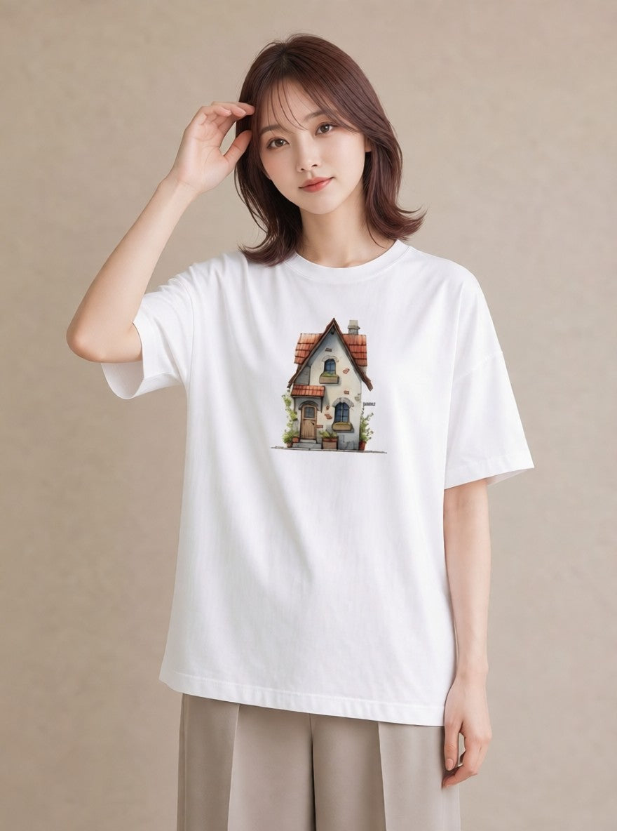 デザインTシャツ レディース 湖畔の小屋 湖 小屋 ナチュラル アンティーク イラスト こなれ感 カフェ服 クリスマス 白T