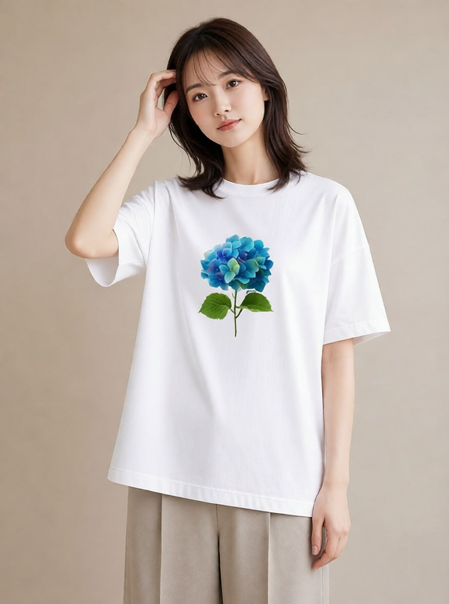 半袖Tシャツ レディース あじさい 紫陽花 アジサイ 花 花柄 イラスト 可愛い 自分用 ルームウェア 白T